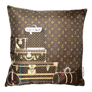 Contemporary Pillow Made From Vintage Louis Vuitton Monogram Luggage Silk Scarf For Sale