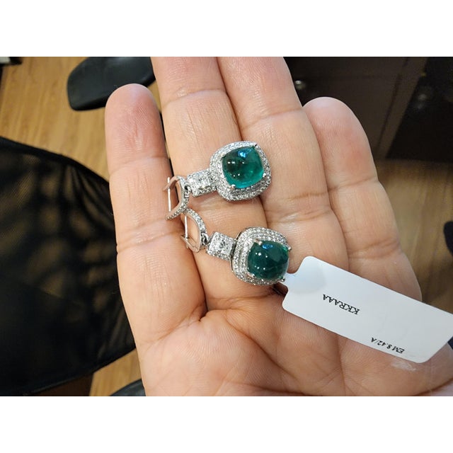 Natural Zambian Emerald Caboshan 8.42 Carats and Diamonds 1.54 Carats /14k Gold, A Pair For Sale - Image 17 of 18