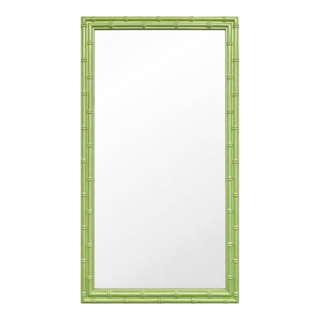 Custom Metallic Green Lacquer Bamboo Mirror – Hollywood Regency Style, 41” For Sale