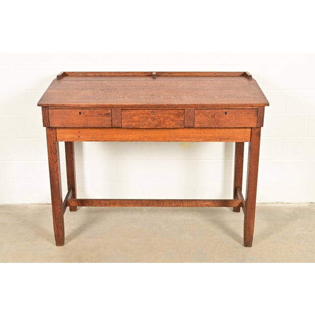 Mission Limbert Style Antique Mission Oak Arts & Crafts Slant Front Architect's Desk, Circa 1910 For Sale - Image 3 of 13