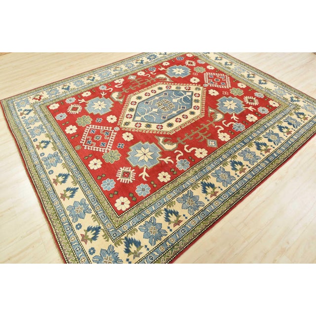 Farmhouse Kazak Rug 8'2'' X 9'9'' Red Wool Tribal Hand-Knotted Oriental Carpet For Sale - Image 3 of 12