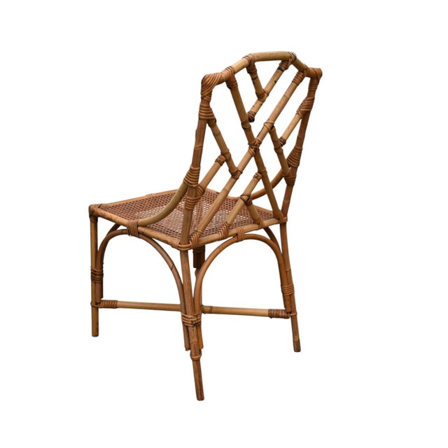 Wood 4 Vintage Rattan Style Side Chairs, Cane Seats With Green/White Cushions For Sale - Image 7 of 8