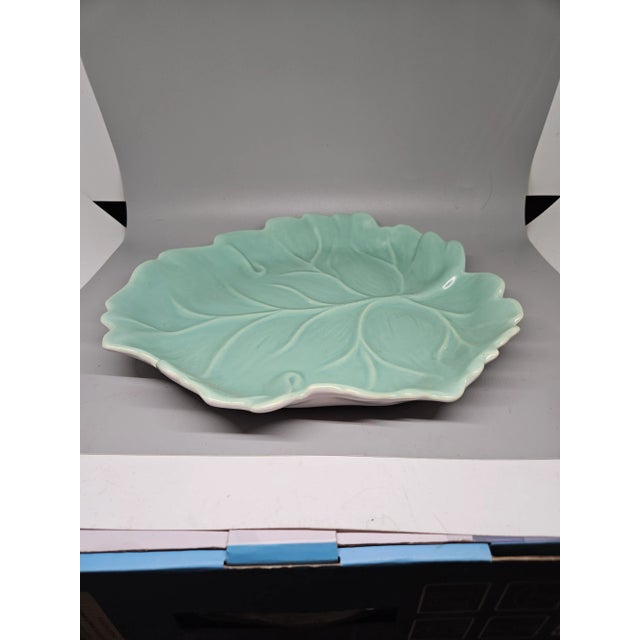 Mid-Century Modern Vintage Catalina Usa Pottery Platter Bowl Dish Celedon and Gray Leaf 10" Mid Century For Sale - Image 3 of 5