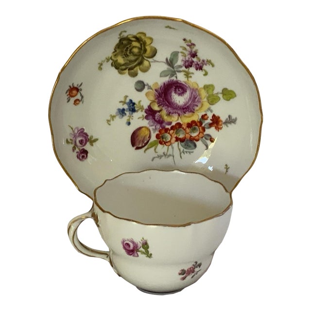 Antique Meissen Deutsche Blumen Porcelain Tea Cup & Saucer Made in Germany 1860-1924 For Sale