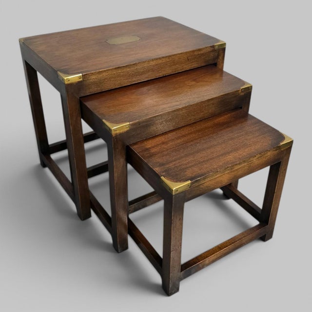 Campaign Mahogany Nesting Tables, 1920s, Set of 3 For Sale - Image 9 of 9