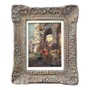 Vintage Italian Impressionist Genre Painting Oil on Board, Signed