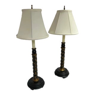 Vintage Barley Twist Carved and Painted Tole Table Lamps a Pair For Sale