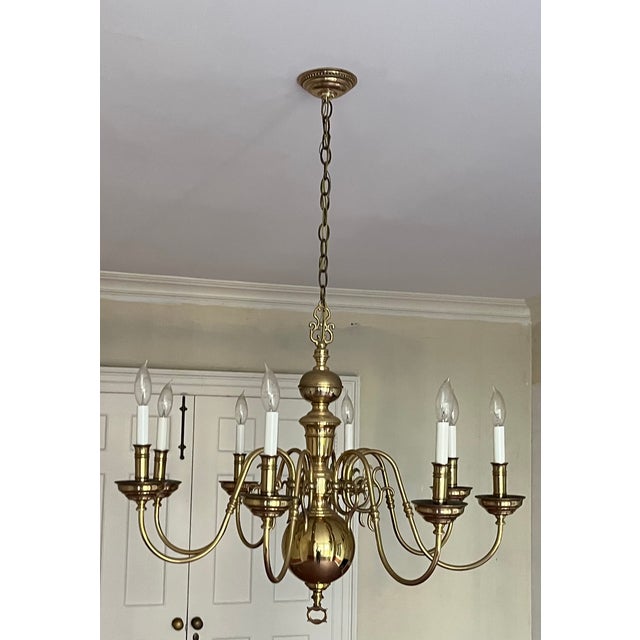 Metal Late 20th Century Large Eight Light Brass Chandelier in the Dutch Queen Anne Style For Sale - Image 7 of 8