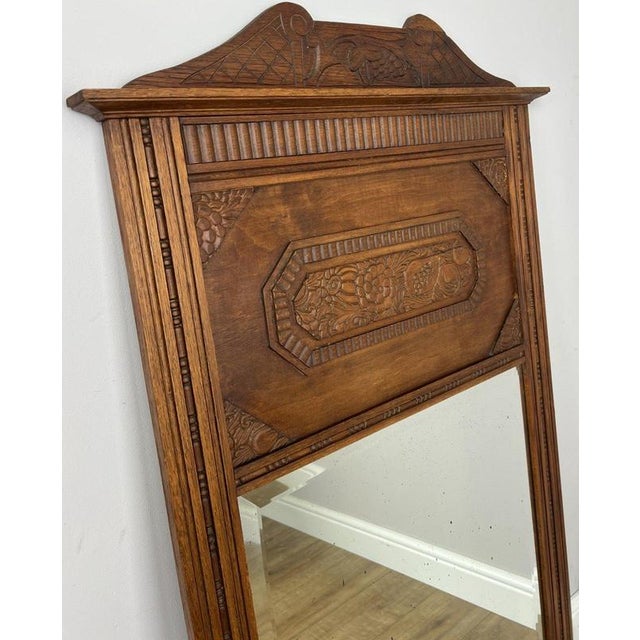 Antique French Wall Mirror with Carved Oak Frame For Sale - Image 3 of 11