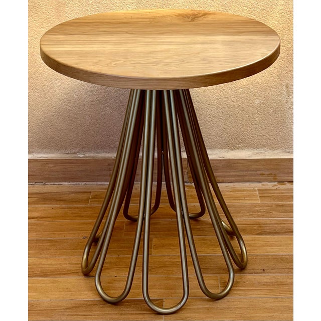 New Metal Fleur Side Table with Oak Wood Top Indoor and Outdoor For Sale - Image 16 of 18