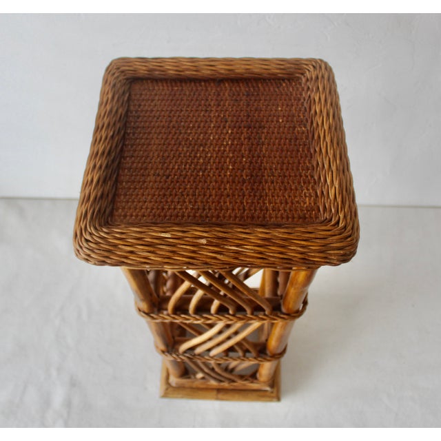 1980s Coastal Woven Rattan Pedestal Plant Stand For Sale - Image 9 of 13