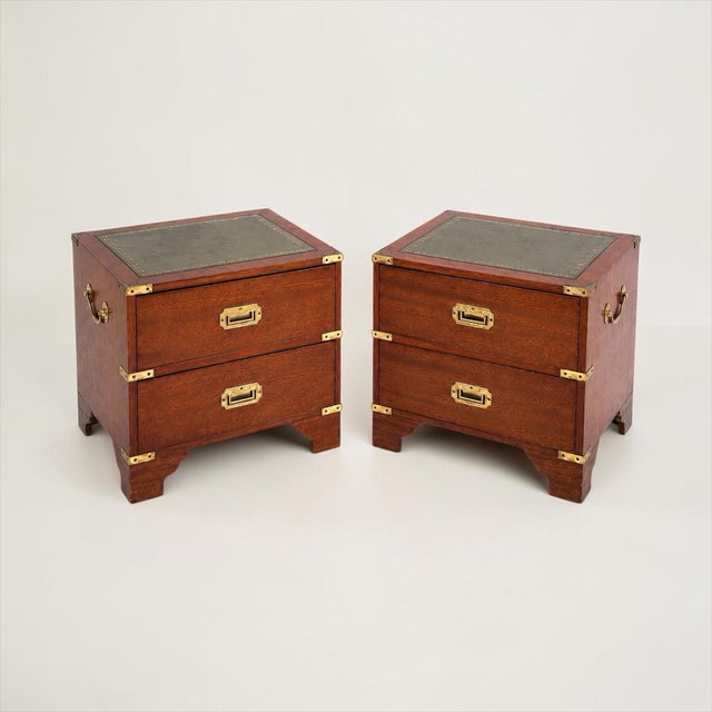 Campaign Mid-Century English Mahogany Campaign & Tooled Leather Side Tables / Chests - Pair For Sale - Image 3 of 5