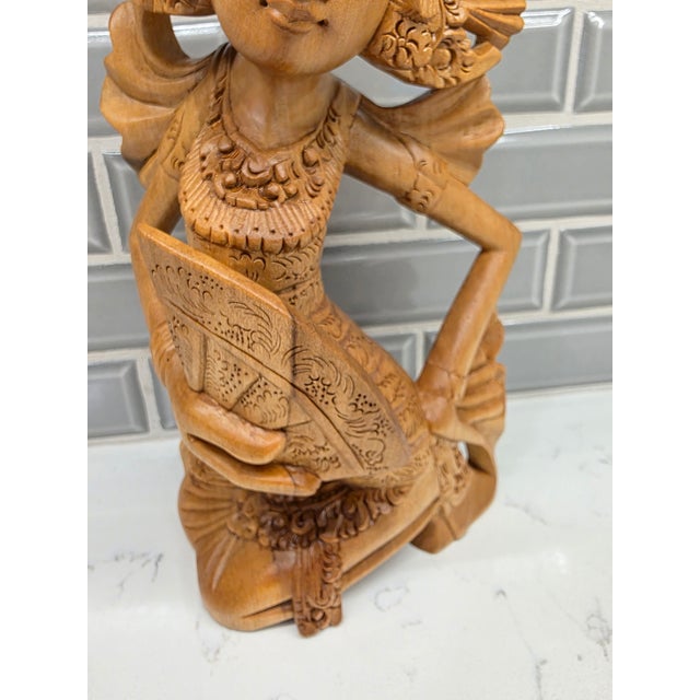 Mid-Century Balinese Art Deco Seated Janger Dancer With Fan Sculpture For Sale In Phoenix - Image 6 of 10