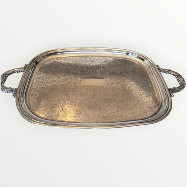 Vintage Silver Plate Large Butler's Buffet Tray With Handles and Feet For Sale - Image 10 of 18