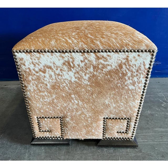 2010s Holly Leather Speckled Upholstered Greek Key Ottoman From the Madeline Stuart Collection For Sale - Image 5 of 8