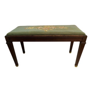1950s Vintage Mahogany & Brass Base Embroidered Flowers Piano Bench For Sale
