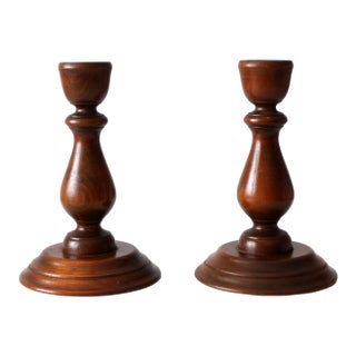 Vintage Turned Wood Candlestick Holders Pair For Sale