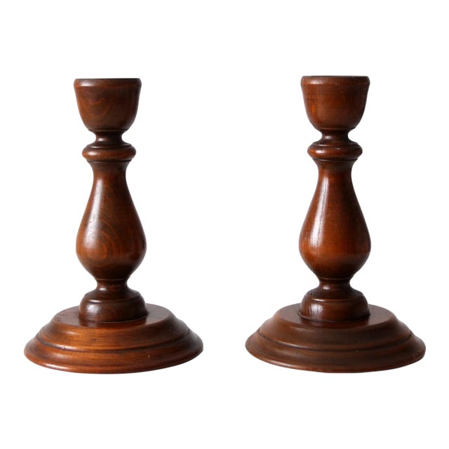 Vintage Turned Wood Candlestick Holders Pair For Sale