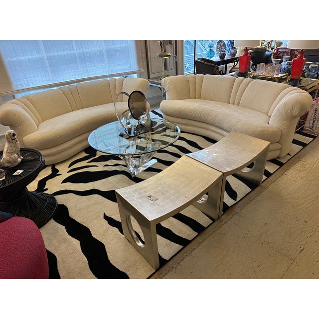 Schnazzy pair of custom jacquard upholstered curvy sofas having a timeless sexy silhouette. Note: Will split the pair. CD