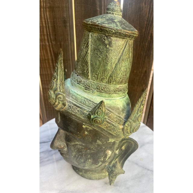 Metal 100-Year-Old Antique Thai Buddha Head Cast Metal Sculpture With Verdigris Patina For Sale - Image 7 of 9
