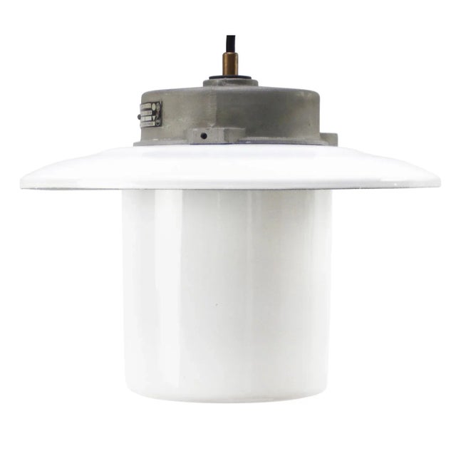 White Vintage White Enamel & Opaline Glass Pendant Lamp For Sale - Image 8 of 8