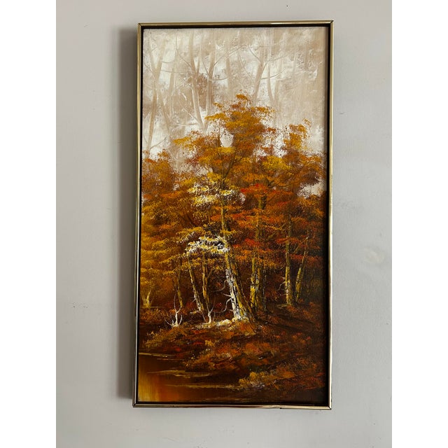 Vintage Mid century impressionist oil painting on canvas of a forest landscape. Features beautiful orange and yellow fall...