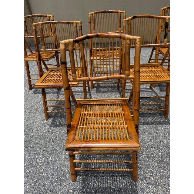 1970s Modern Set of 8 Campaign Bamboo Tortoiseshell Folding Chairs For Sale - Image 9 of 12