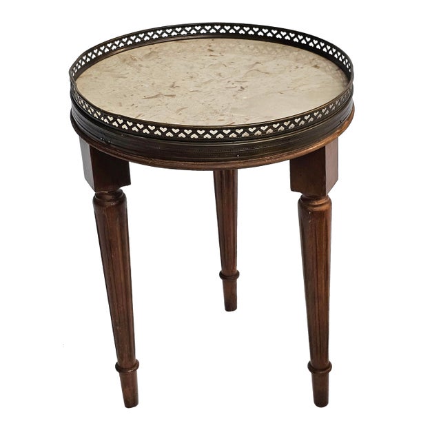 Early 20th Century French Walnut & Galleried Marble Top Bouillotte Candle Stand / Wine Table For Sale