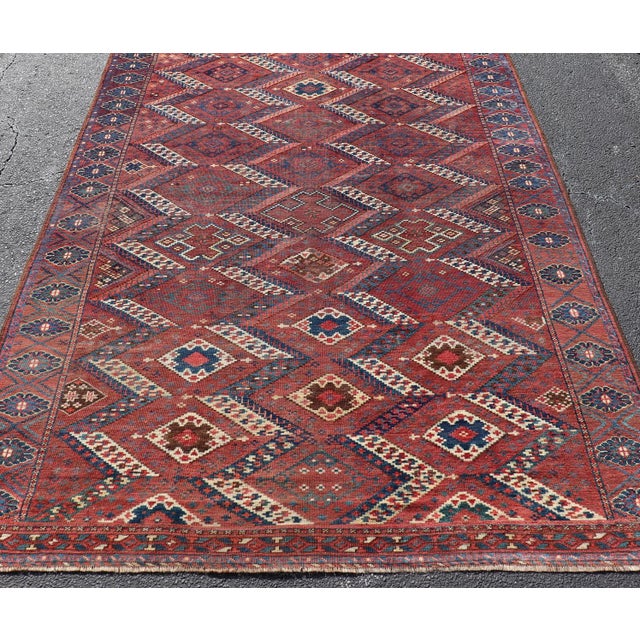 Antique Turkestan Beshir Rug With Deep Red Field and Repeating Diamond Motifs For Sale - Image 9 of 15