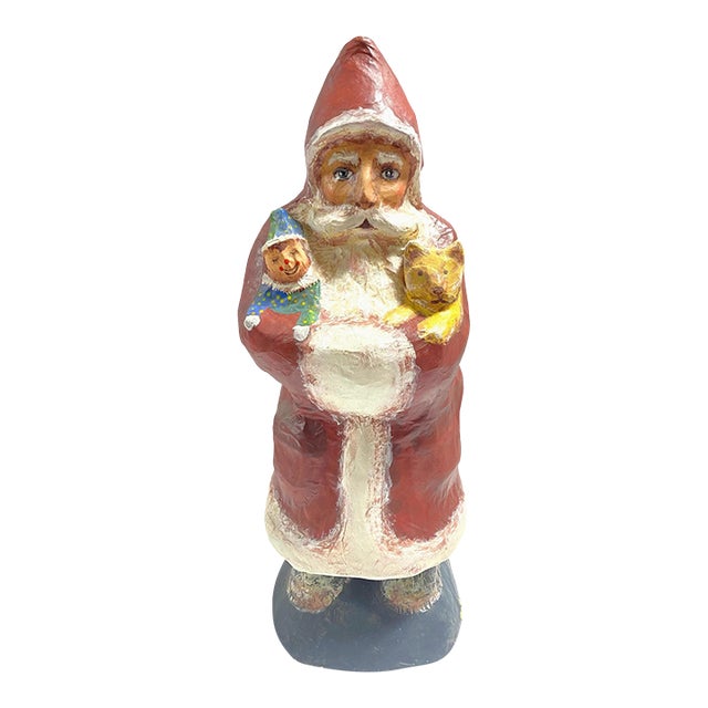 Vintage Folk Art Paper Mache Santa Figure – Hand Painted Mid Century Christmas Decor For Sale