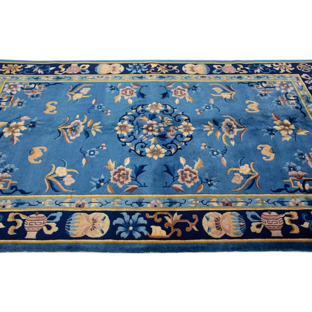 1960s 1960s Handmade Antique Peking Chinese Blue Wool Rug With Allover Floral Design For Sale - Image 5 of 7