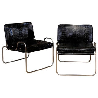 Chrome and Black Patent Leather Chairs - A Pair For Sale