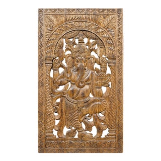 Antique Hand-Carved Wooden Standing Ganesha Wall Panel | Indian Temple Architectural Sculpture 72x35 For Sale
