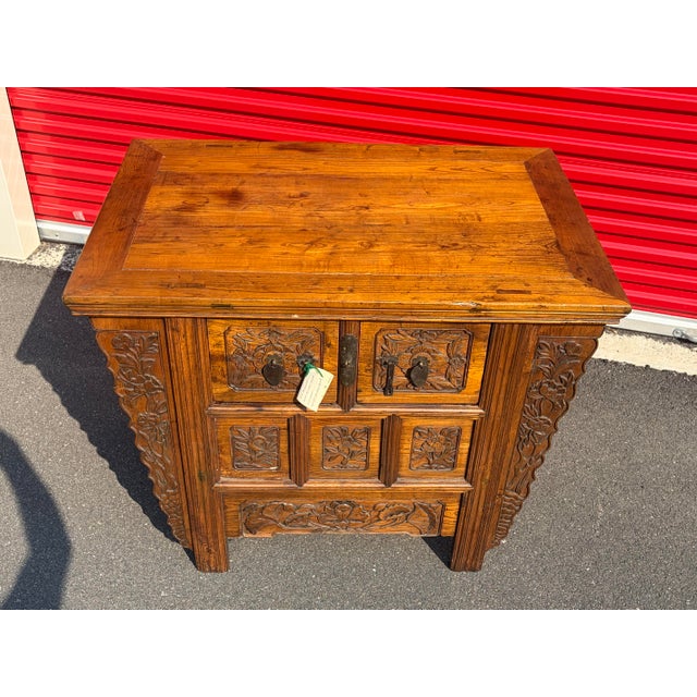 Chestnut Antique Chinese Carved Altar Coffer Cabinet For Sale - Image 8 of 11