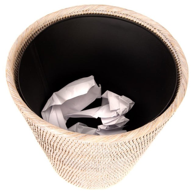 Artifacts Rattan Round Tapered Waste Basket with Metal Liner in White Wash - 12" For Sale In Houston - Image 6 of 7
