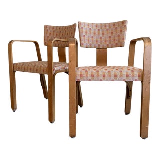 Joe Atkinson Designed Thonet Industries Arm Chairs Upholstered in Eames Crosspatch For Sale