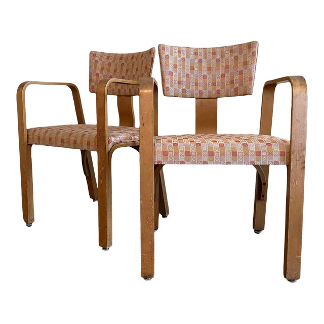 Joe Atkinson Designed Thonet Industries Arm Chairs Upholstered in Eames Crosspatch For Sale