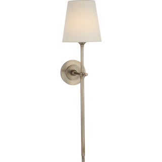 Thomas O'Brien for Visual Comfort Signature Bryant 27" Cordless Tail Sconce in Antique Nickel with Linen Shade For Sale