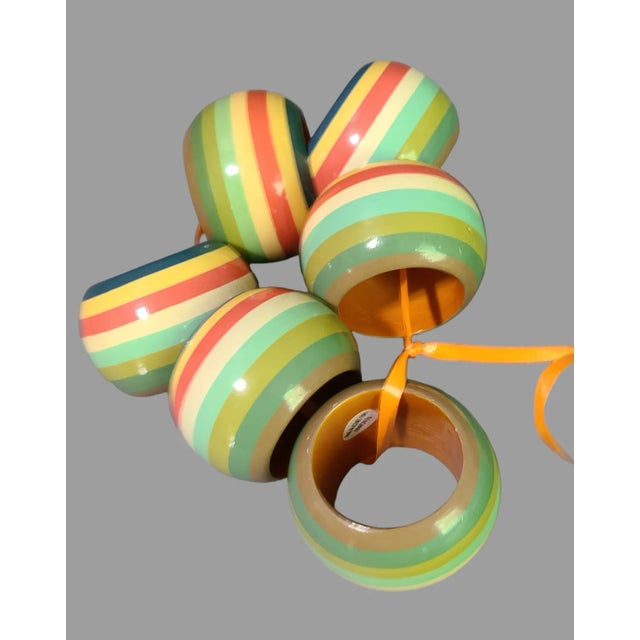 Contemporary Vintage Set of 6 Colorful Wood Striped Napkins Rings For Sale - Image 3 of 4