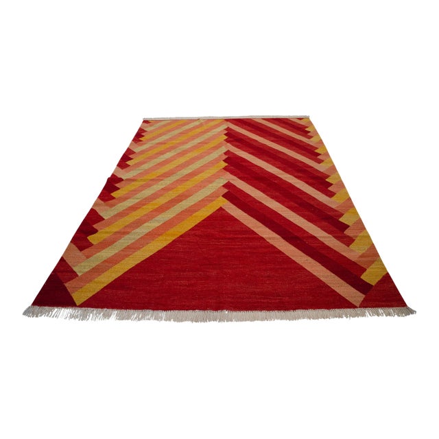 Modern Geometric Handmade Turkish Rug Kilim Chevron Oushak - 7x10 Ft Approx For Sale