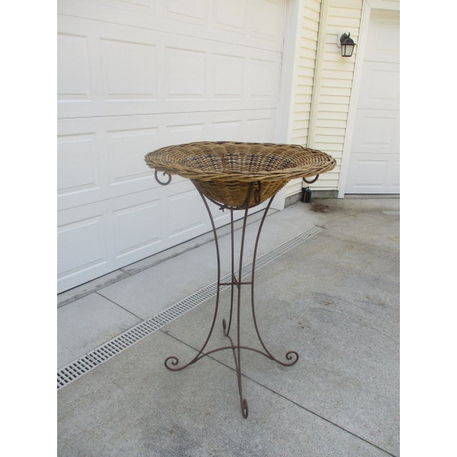 1960s Tall Vintage Wrought Iron Metal and Wicker Rattan Plant Stand or Jardiniere For Sale - Image 5 of 13