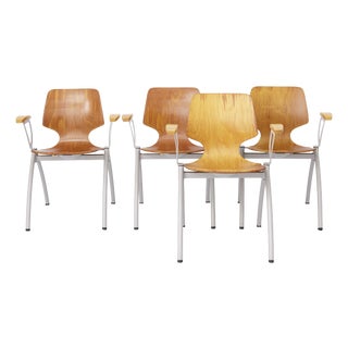 Vintage Industrial Stackable Dining Chairs with Beech Wood Armrests from Pagholz, Germany, 1970s, Set of 4 For Sale