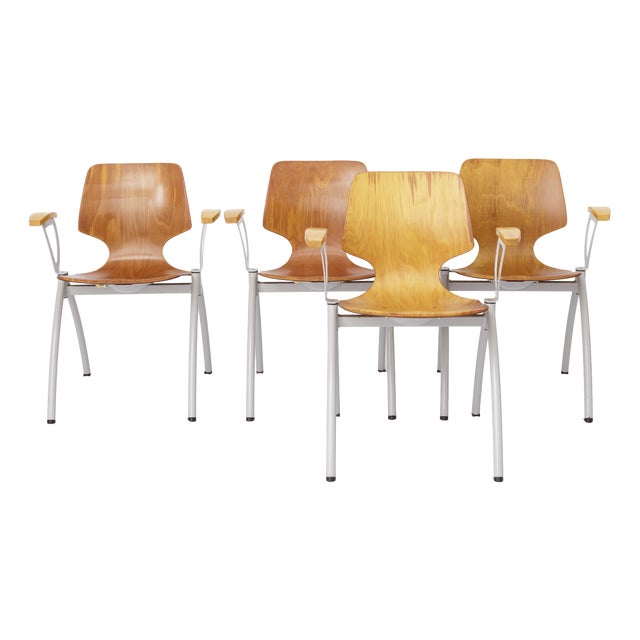 Vintage Industrial Stackable Dining Chairs with Beech Wood Armrests from Pagholz, Germany, 1970s, Set of 4 For Sale