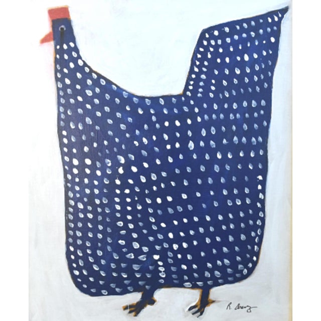 Abstract Folk Art Navy Blue Chicken Hen Rooster Painting Ruth Arenz Including the Antiqued Gold Wood Frame For Sale - Image 3 of 5