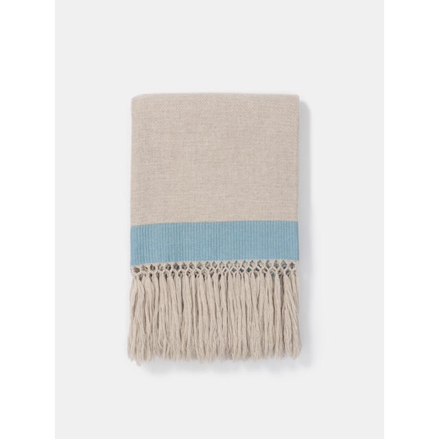 Merino Wool Fringed Light-Blue-Banded Throw by Villa Como For Sale - Image 4 of 4
