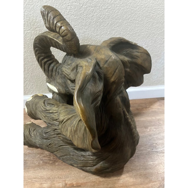 Vintage Resin Mother and Baby Elephant Statue With Trunks Raised For Sale - Image 9 of 16
