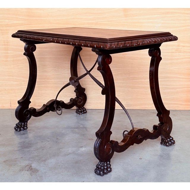 Early 20th Century 19th Century Ebonized Baroque Spanish Side or Desk Table with Lyre Legs For Sale - Image 5 of 18