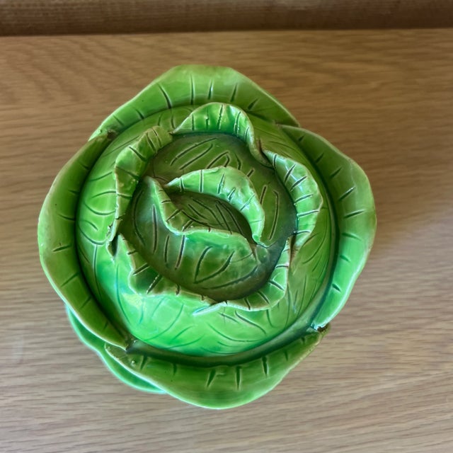 Contemporary French Jean Roger Attributed Ceramic Majolica Green Cabbage Tureen With Under Plate For Sale - Image 3 of 9