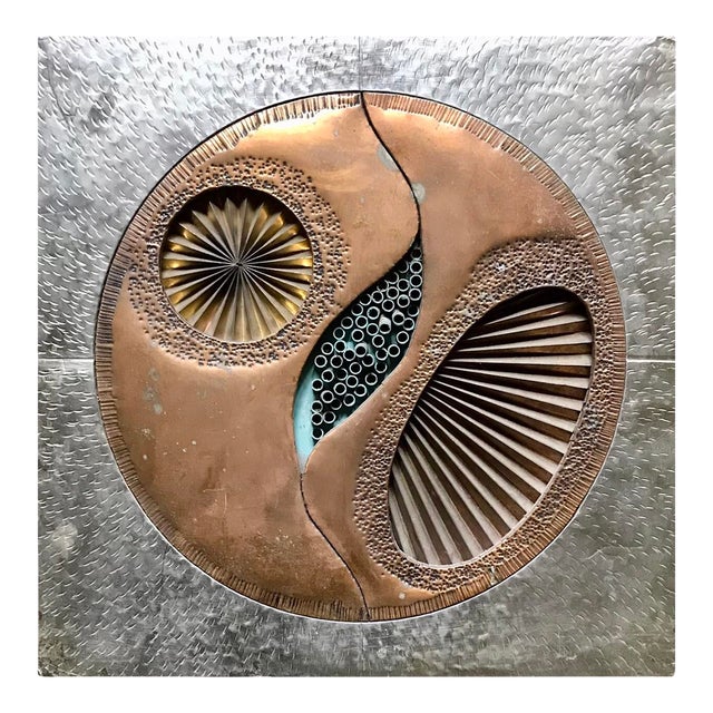 1970s Brutalist Brass Copper Relief Wall Hanging /Mid Century Gold Tone Metal Wall Art For Sale