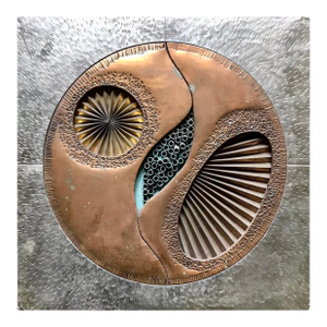 1970s Brutalist Brass Copper Relief Wall Hanging /Mid Century Gold Tone Metal Wall Art